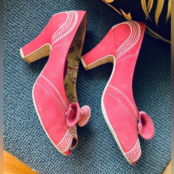 Miss L Fire LANAI Peep Toe Bow Pumps 40s Heels Red Suede Size 38 Rare - Picture 4 of 10